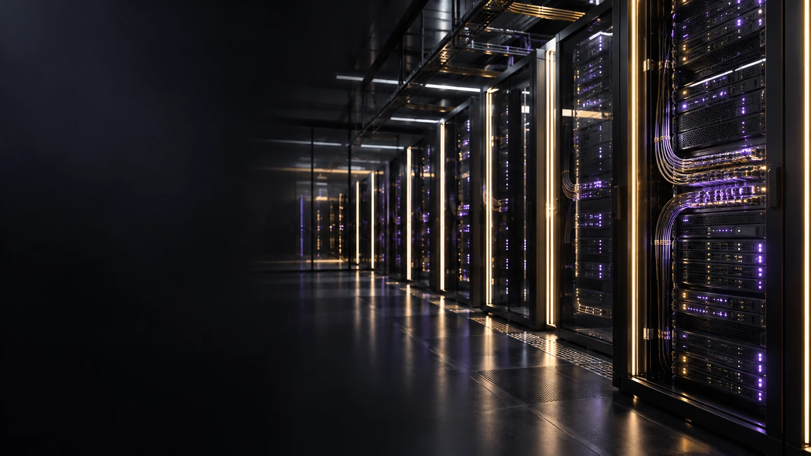 Illustrative secure server infrastructure with violet and gold lighting